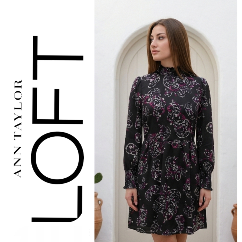 LOFT Black and Purple Long Sleeve Dress